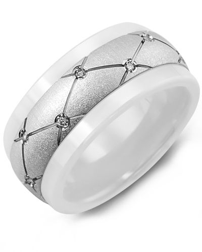 Madani White Ceramic Pattern Diamond Wedding Ring MWF910IW-14R Women's Wedding b