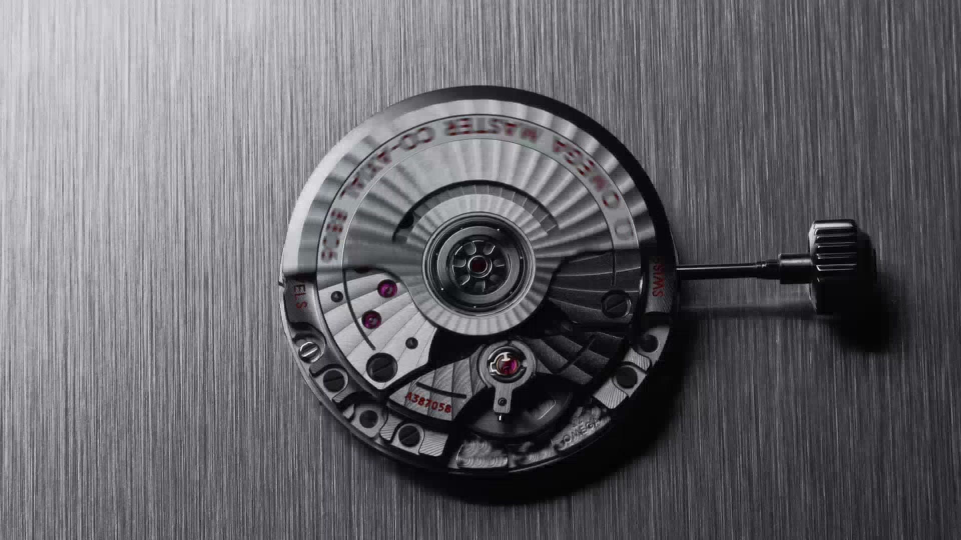 Omega film still, a Co-Axial movement on brushed steel